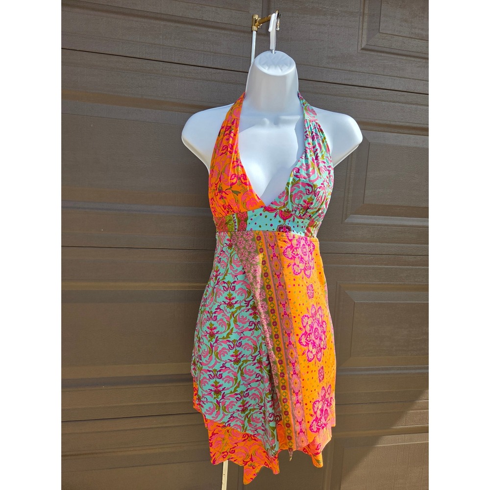 Becca by Rebecca Virtue Halter Swim Cover Up Dress Patchwork Paisley Orange Sz M